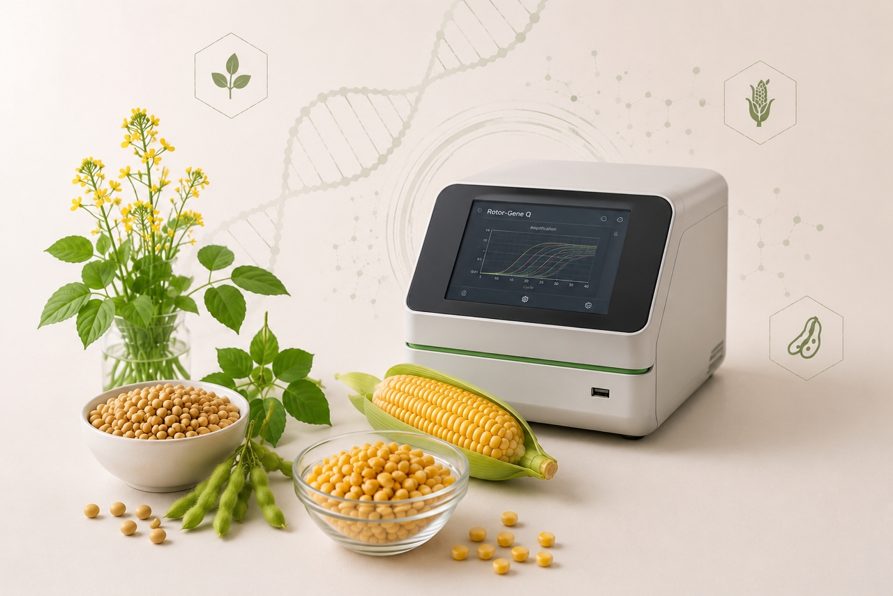 Real-time PCR instrument showing amplification curves beside soy, maize and rapeseed