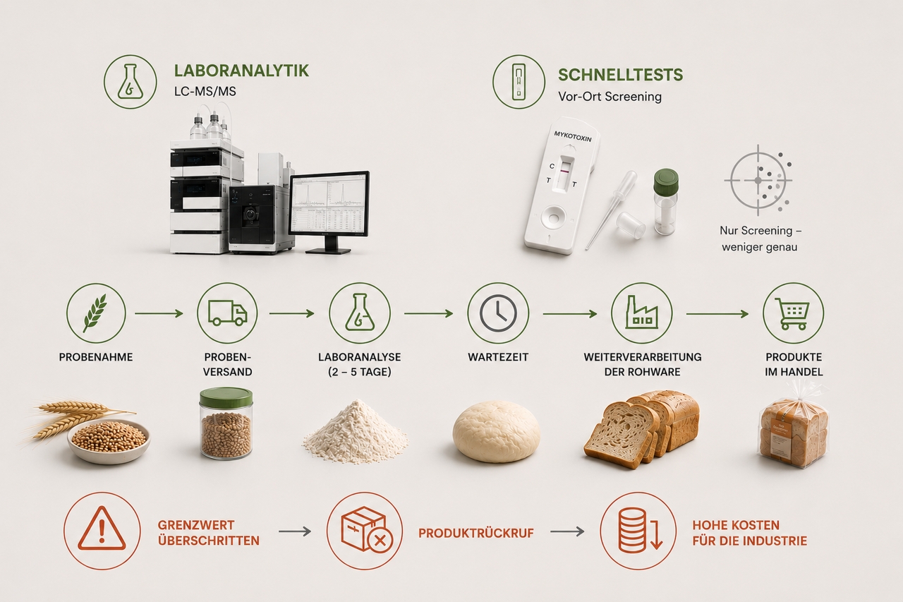Infographic: conventional laboratory analysis (LC-MS/MS) and on-site rapid tests — from sampling to product recall