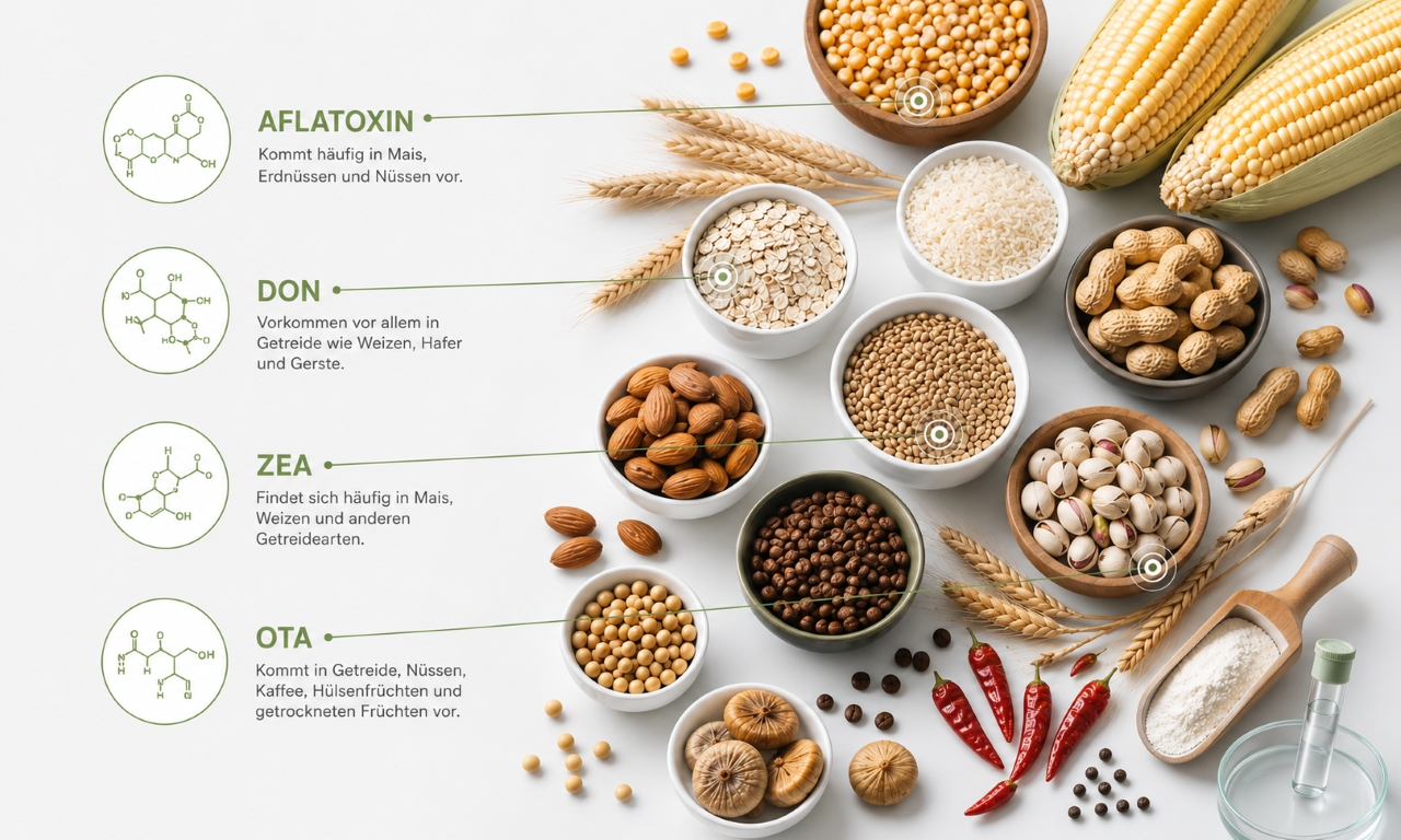 Wichtige Mykotoxine (Aflatoxin, DON, ZEA, OTA) und häufig betroffene Lebensmittel wie Mais, Getreide, Nüsse und Trockenfrüchte